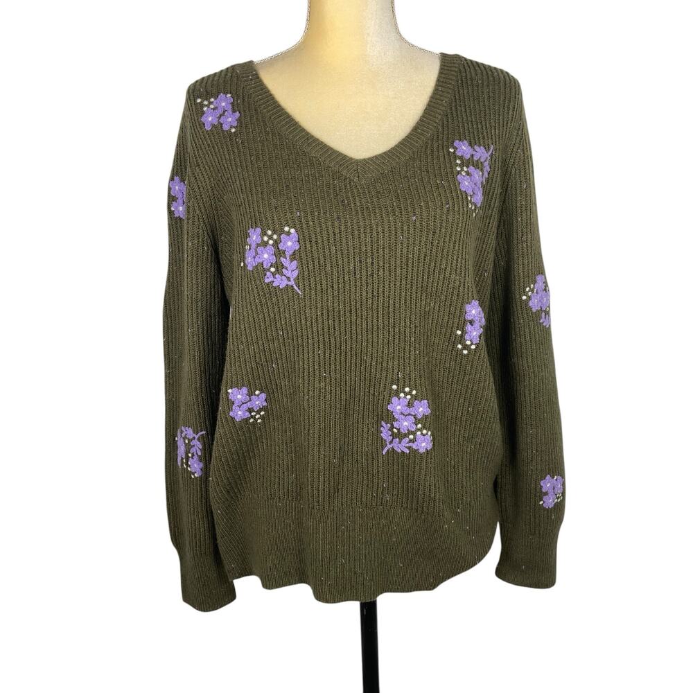 Talbots Green Floral Textured Embroidered V Neck Sweater